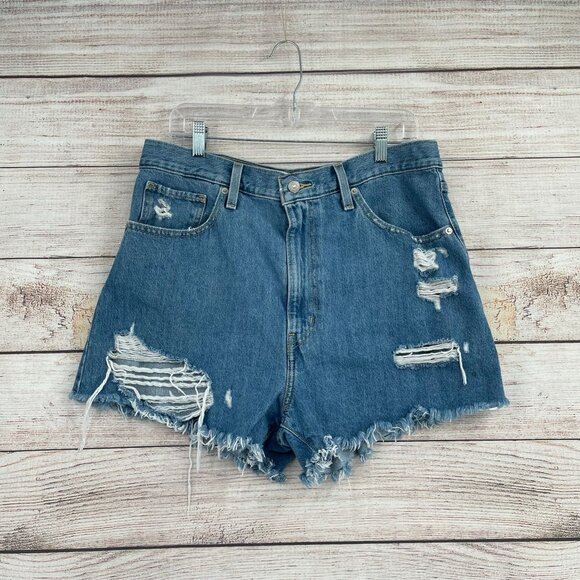 Levi's High Waisted Distressed Mom Shorts Women's Size 33 Blue Medium Wash Denim - Picture 1 of 13